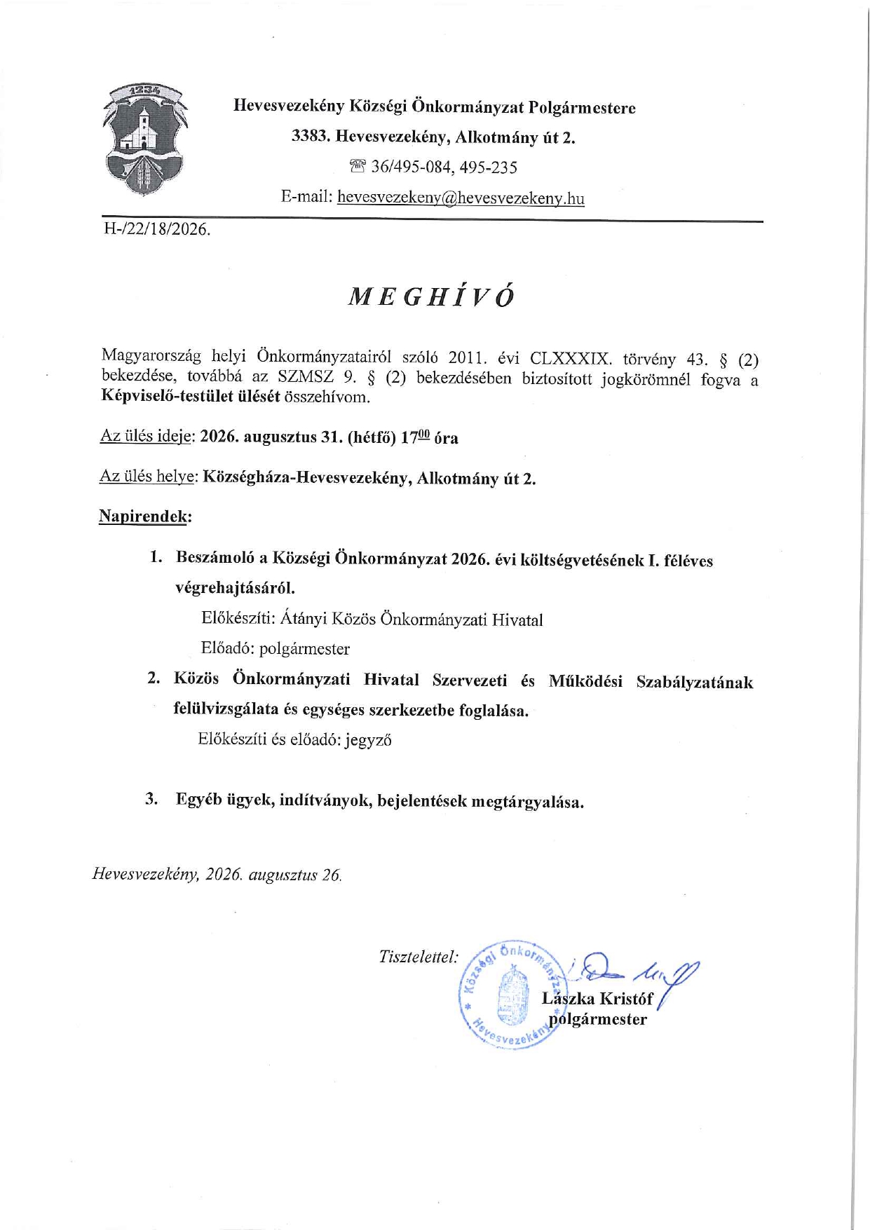 Meghívó 2026.08.31. Képviselő-testületi ülés